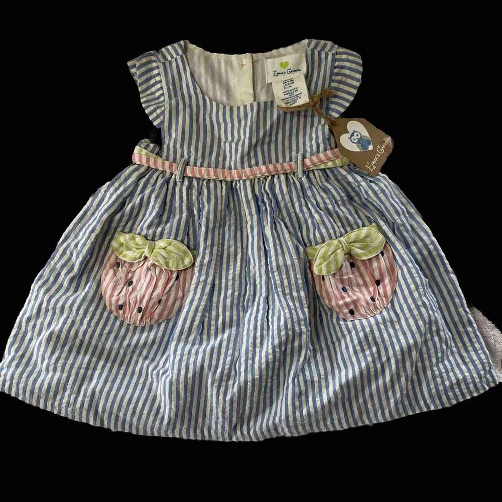 NWT Emma's Garden Seersucker Striped Dress w/Strawberry Pockets 6-9 Months